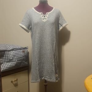 Gray Short Sleeve Sweater Dress with Lace-Up Neckline